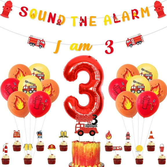 JOYMEMO Fire Truck 3rd Birthday Party Decorations for Boys, Sound the Alarm I'm 3 Banner and Glitter Cake Topper, Number 3 Foil Balloon and Latex Balloons, Fire Truck Cupcake Toppers