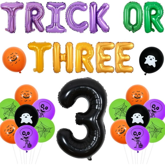 JOYMEMO Halloween 3rd Birthday Party Decorations - Trick or Three Foil Balloons Kit with Ghost Bat Skull Spiderweb Printed Balloons for Halloween Theme Three Year Old Birthday Party
