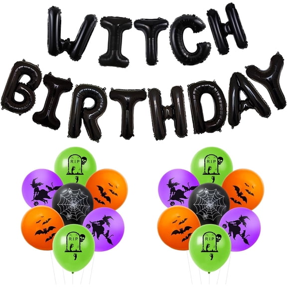JOYMEMO Halloween Party Decorations for Women - Witch Birthday Balloons Kit with Ghost Witch Skull Spiderweb Printed Balloons for Halloween Theme Witch Birthday Party Supplies