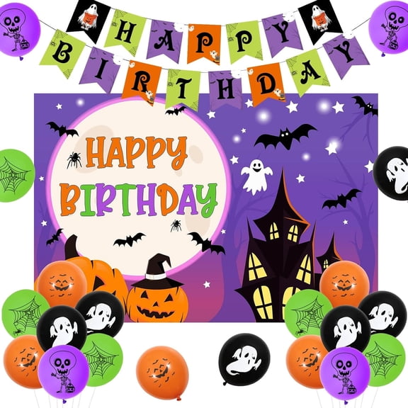 JOYMEMO Happy Halloween Birthday Party Decorations - Halloween Theme Backdrop Banner Kit with Ghost Bat Spiderweb and Skull Printed Balloons for Halloween Birthday Party Supplies