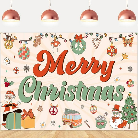 JOYMEMO Merry Christmas Backdrop Printed with Santa Claus Snowman 5x7ft, Groovy Hippie Daisy Background Cloth for Xmas New Year Eve Party Photography Props