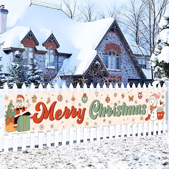 JOYMEMO Merry Christmas Large Yard Banner 10 x 1.6ft, Groovy Daisy Santa Claus Snowman Printed Banner for Xmas Party Decorations Supplies Garden Lawn Outdoor