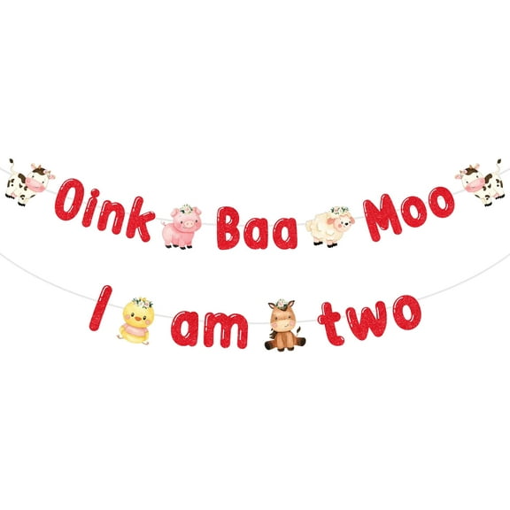 JOYMEMO Oink Baa Moo I am Two Banner - Farm Animal 2nd Birthday Party Decorations Boy or Girl, Farm Animals Theme Barnyard Second Birthday Party Supplies