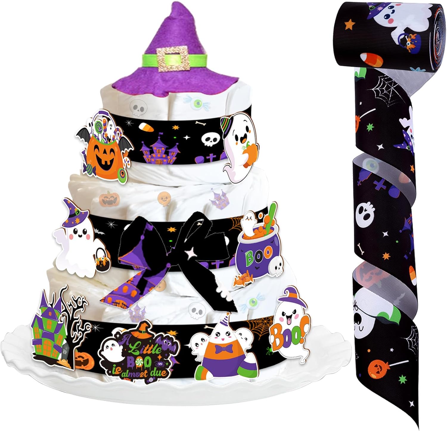 JOYMEMO Orange Green Purple Halloween Baby Shower Diaper Cake Decorations for Women Boy Girl, Halloween Ghost Patterned Ribbons 5 Yard, A Little Boo is Almost Due Cards Halloween Gender Reveal Party