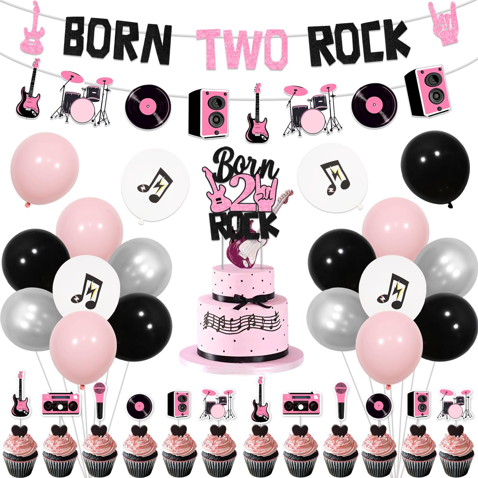 JOYMEMO Born Two Rock Birthday Decor – Rock And Roll 2nd Party Supplies With Backdrop, Balloons, Cake Toppers