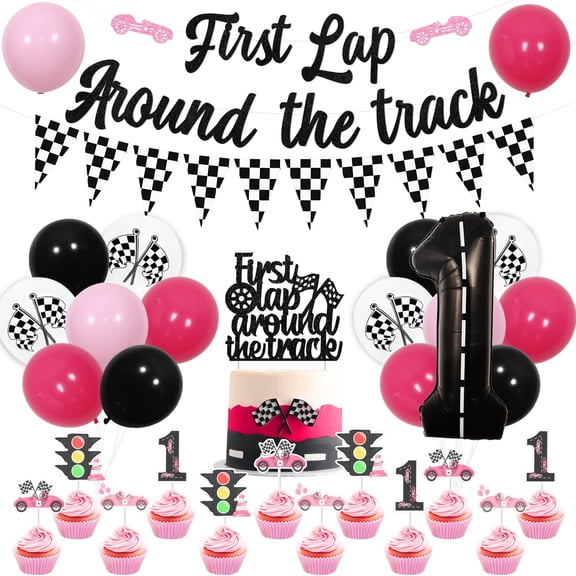 JOYMEMO Pink Race Car 1st Birthday Party Decorations Girl - First Lap Around The Track Banner Cake Topper, Cupcake Toppers, Checkered Flag Garland, Number 1 Balloons for Lets Go Racing Party Y201
