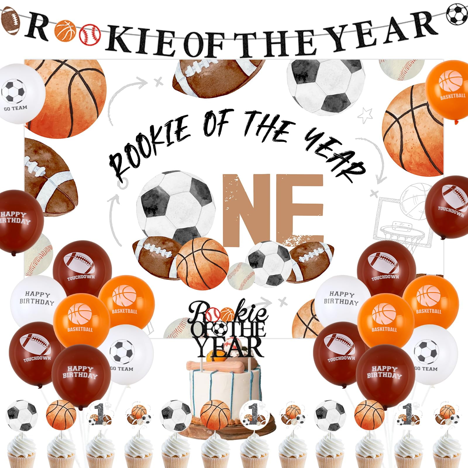 Basketball First Birthday Banner – 'Our Little Rookie Is Turning One' Party Decorations, Sports Theme, Glitter Cardstock, Easy To Assemble