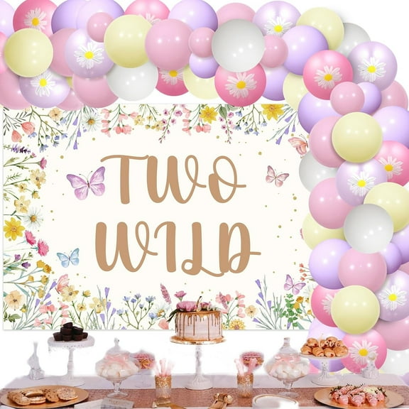 JOYMEMO Wildflower 2nd Birthday Balloon Arch Kit, Flowers Two Wild Second Birthday Backdrop 2 Year Old Girl Bday Decor, Butterfly Floral Two Years Old Birthday Decorations Garden Supplies