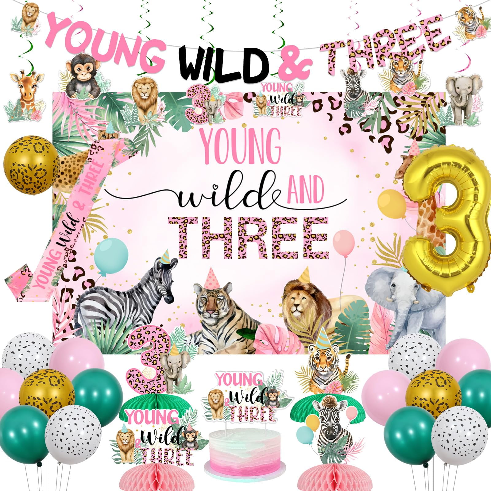 JOYMEMO Young Wild and Three AFN1Decorations, 3rd Banner Backdrop Cake Topper Hanging Swirls Centerpieces Sash with Balloons for Girls, Pink Jungle Safari Animal Theme Party Supplies
