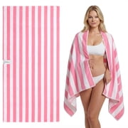 JOYMOOP 3-Pack Microfiber Beach Towel Set   70" x 35.4" Ultra-Absorbent Beach Towels Oversized, Sand-Free & Portable, Quick-Dry Cabana Stripe Towels with Travel Storage Bags  Pink & White