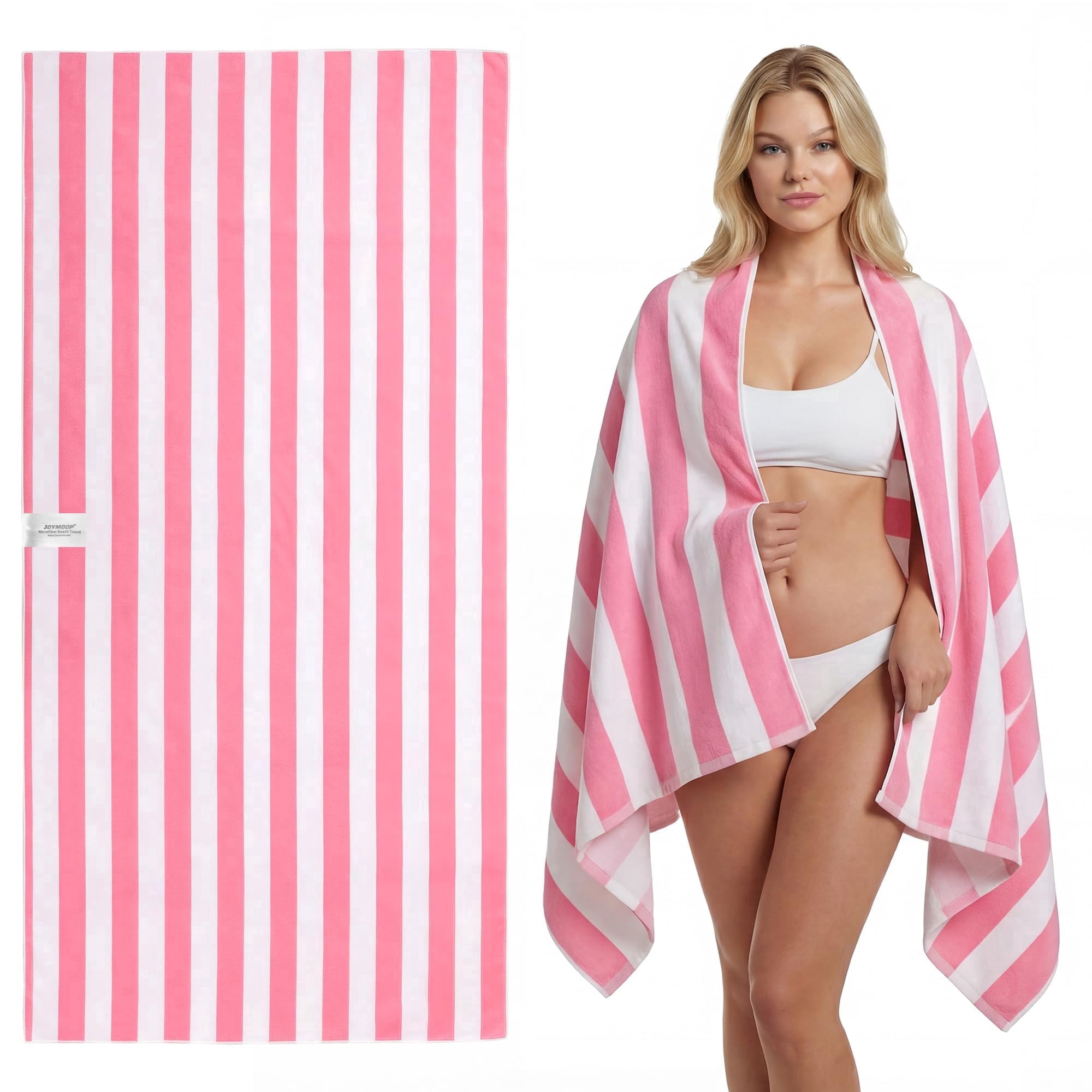 JOYMOOP 3-Pack Microfiber Beach Towel Set – 70" x 35.4" Ultra-Absorbent Beach Towels Oversized, Sand-Free & Portable, Quick-Dry Cabana Stripe Towels with Travel Storage Bags (Hot Pink & White)