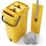 JOYMOOP Industrial Mop and Bucket Set, 17.7-inch Dust Mops for Floor Cleaning, Flat Mop Bucket with Wringer, Include 3 Reusable Microfiber Mop Pads - Yellow