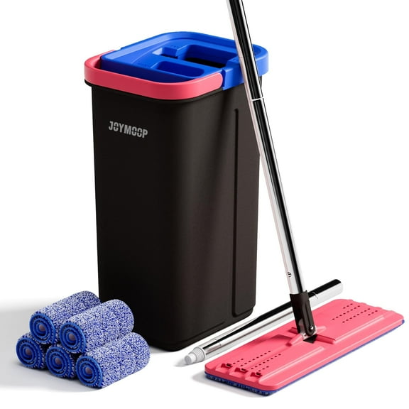 JOYMOOP Mop and Bucket Set for Home, Hands-Free Self-Cleaning System, with 5 Reusable Microfiber Mop Pads, Suitable for Floor Cleaning and Wall Cleaner - Black Red Slate Blue