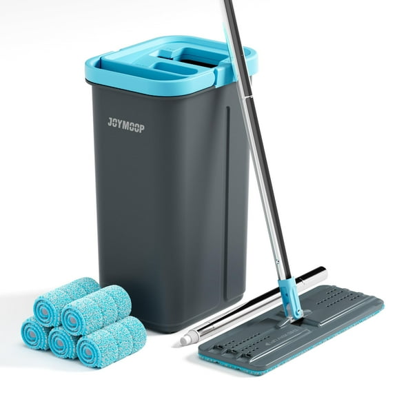 JOYMOOP Mop and Bucket Set with Wringer, with 5 Reusable Microfiber Mop Pads, Mops for Floor Cleaning and Wall Cleaning, Hands-free Flat Mop for Home Use - Grey Cyan Blue