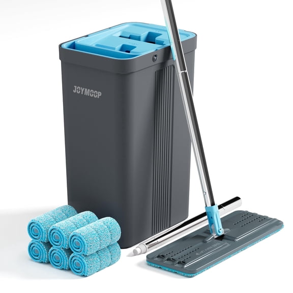 JOYMOOP Mop and Bucket Set with Wringer, Mops for Floor Cleaning, Wall Mop Cleaner with Long Handle, with 6 Reusable Microfiber Mop Pads - Grey+Cyan Blue