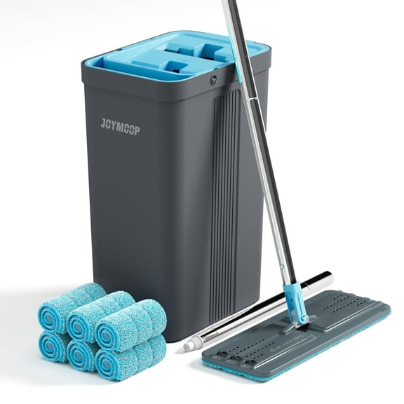 JOYMOOP Mop and Bucket Set with Wringer, Mops for Floor Cleaning, Wall Mop Cleaner with Long Handle, with 6 Reusable Microfiber Mop Pads - Grey Cyan Blue