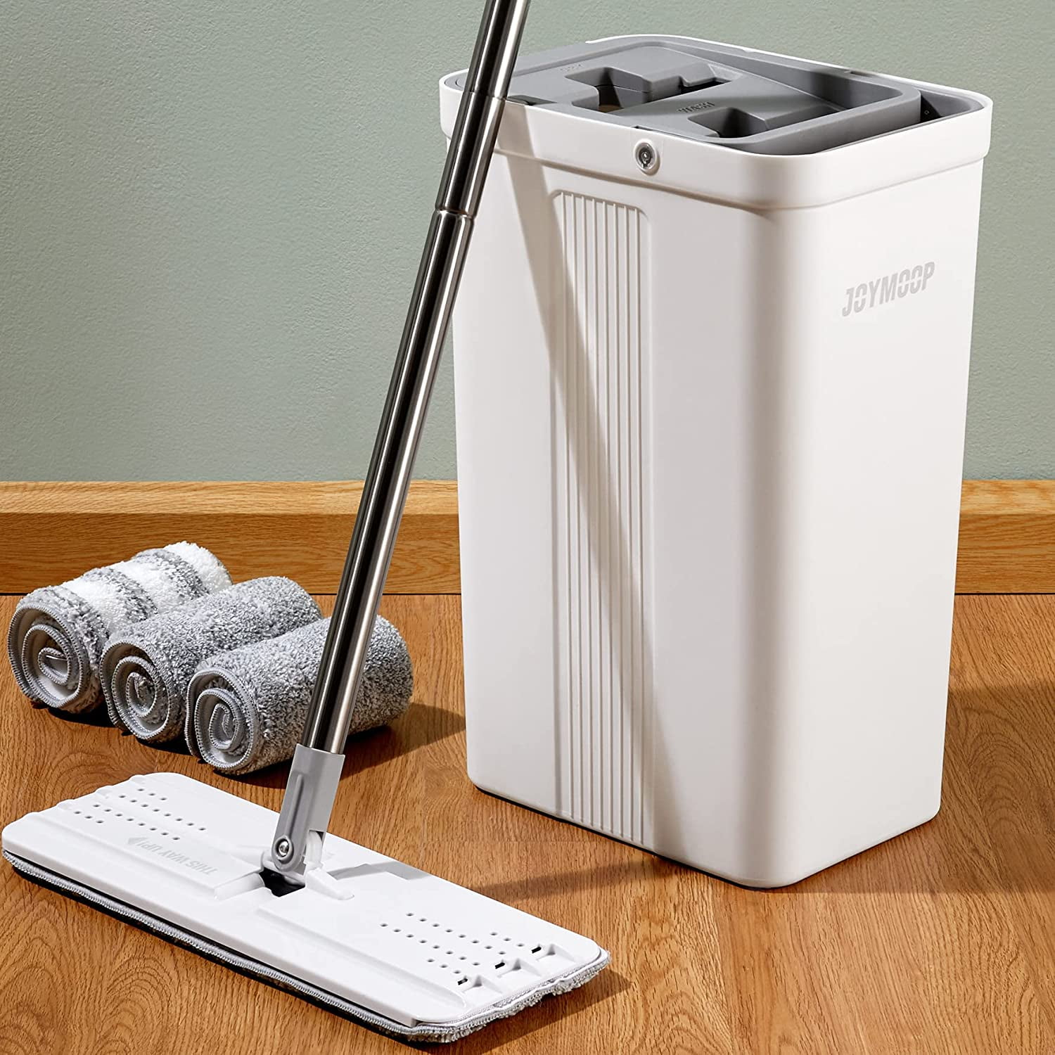 JOYMOOP Mop and Bucket Set, Flat Floor Mop with Wringer, 3 Microfiber ...