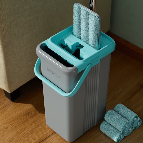 JOYMOOP Mop and Bucket with Wringer Set, Flat Squeeze Mop Bucket Set for Floor Cleaning, Wet Dry Mops for Walls, Wall Cleaner with Long Handle, Hardwood Floor Mop-5 Microfiber Cloths - Grey+Cyan Blue