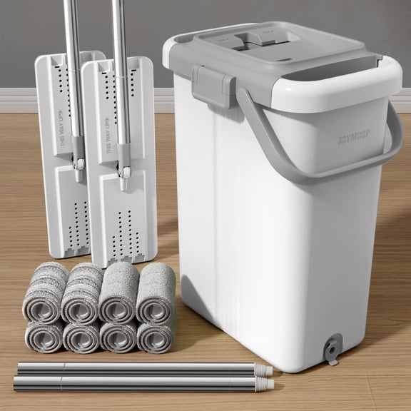 JOYMOOP Mop and Bucket with Wringer Set for Floor Cleaning and Wall Cleaner, Flat Mop and Bucket System Set with 2 Mops and 8 Large Microfiber Pads - White