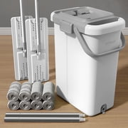 JOYMOOP Mop and Bucket with Wringer Set for Floor Cleaning and Wall Cleaner, Flat Mop and Bucket System Set with 2 Mops and 8 Large Microfiber Pads - White