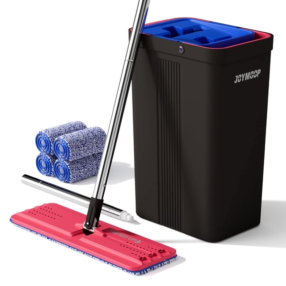 JOYMOOP Mop and Bucket with Wringer Set, Hands Free Flat Floor Mop and Bucket, with 4 Washable Microfiber Pads, Wet and Dry Use, Floor Cleaning System - Black+Red+Slate Blue