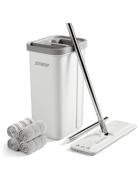 Mop and Bucket with Wringer Set, Wall Mop Cleaning Bucket with Mop, Hands Free Flat Mop Bucket with 4 Microfiber Pads