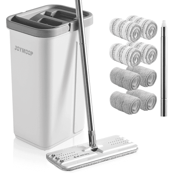 JOYMOOP Mop and Bucket with Wringer Set, Wall Mop Cleaning Bucket with Mop, Hands Free Flat Mop Bucket with 8 Microfiber Pads