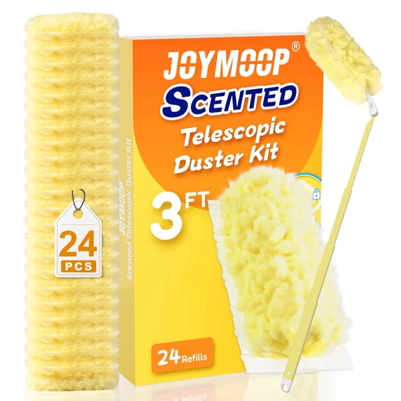 JOYMOOP Scented Telescopic Duster kit, 3FT Extendable Handle (Yellow) + 24 Yellow Refill Heads – Easy Cleaning for Ceilings, Ceiling Fans, Blinds, Vents & Shelves