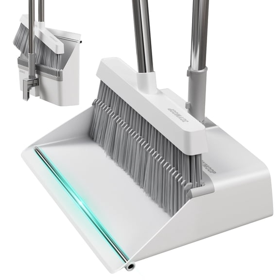 JOYMOOP White Broom and Dustpan Set – No Tangle Bristles, Upright Stand up Design, Foldable Collapsible Dustpan with Angled Broom, Space Saving Cleaning Supplies for Home Kitchen Hardwood Floor