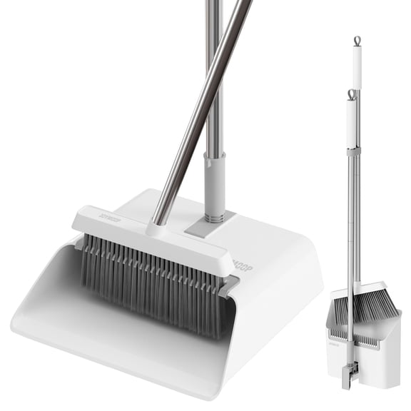 JOYMOOP White Broom and Dustpan Set, Upright Angle Design with Built-in Comb Teeth for Kitchen, Office, Pet Hair, Hard Floors