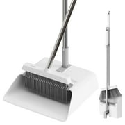 JOYMOOP White Broom and Dustpan Set, Upright Angle Design with Built-in Comb Teeth for Kitchen, Office, Pet Hair, Hard Floors