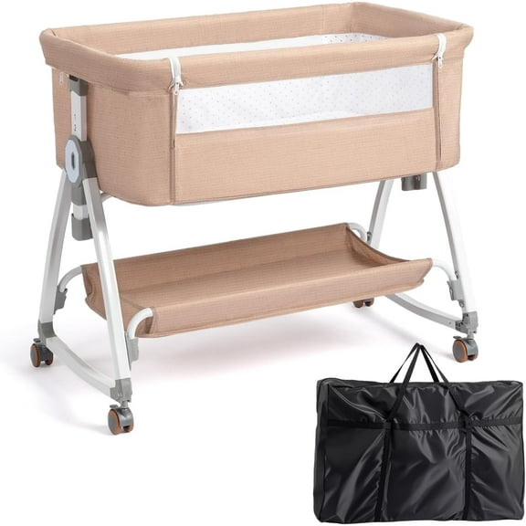 JOYMOR 3 in 1 Baby Bassinet, Bedside Bassinet for Baby, with Comfy Mattress and Wheels, 6 Height Adjustable Easy Folding Portable Bedside Crib for Newborn (Black)