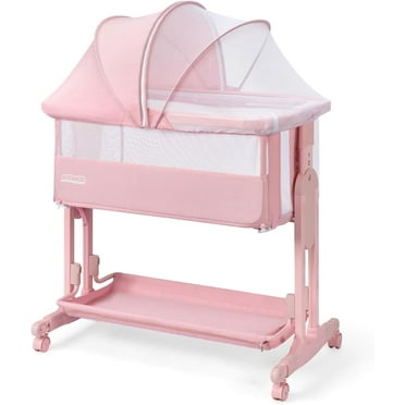 JOYMOR 4 in 1 Baby Bassinet Bedside kids,  7 Height Adjustable for Infant, Storage Basket, Wheel, Mosquito Net