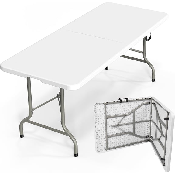 JOYMOR 6ft Folding Table, Portable Collapsible Plastic White Long Table, Outdoor and Indoor Use