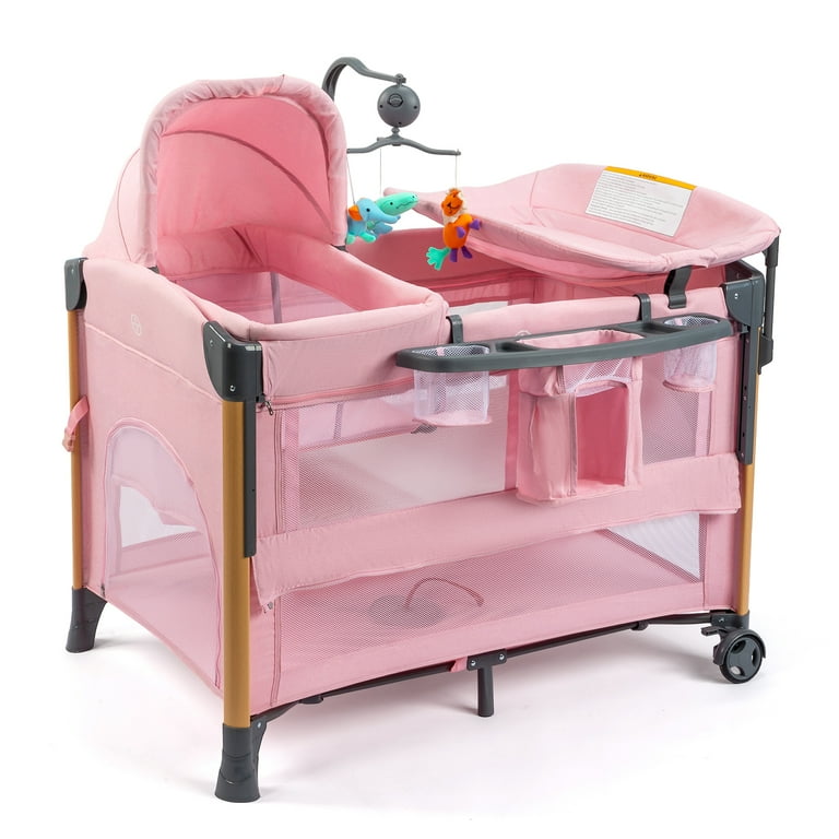 JOYMOR 7 in 1 Bedside Bassinet with Changing Table Pink Bassient for Girl Infant