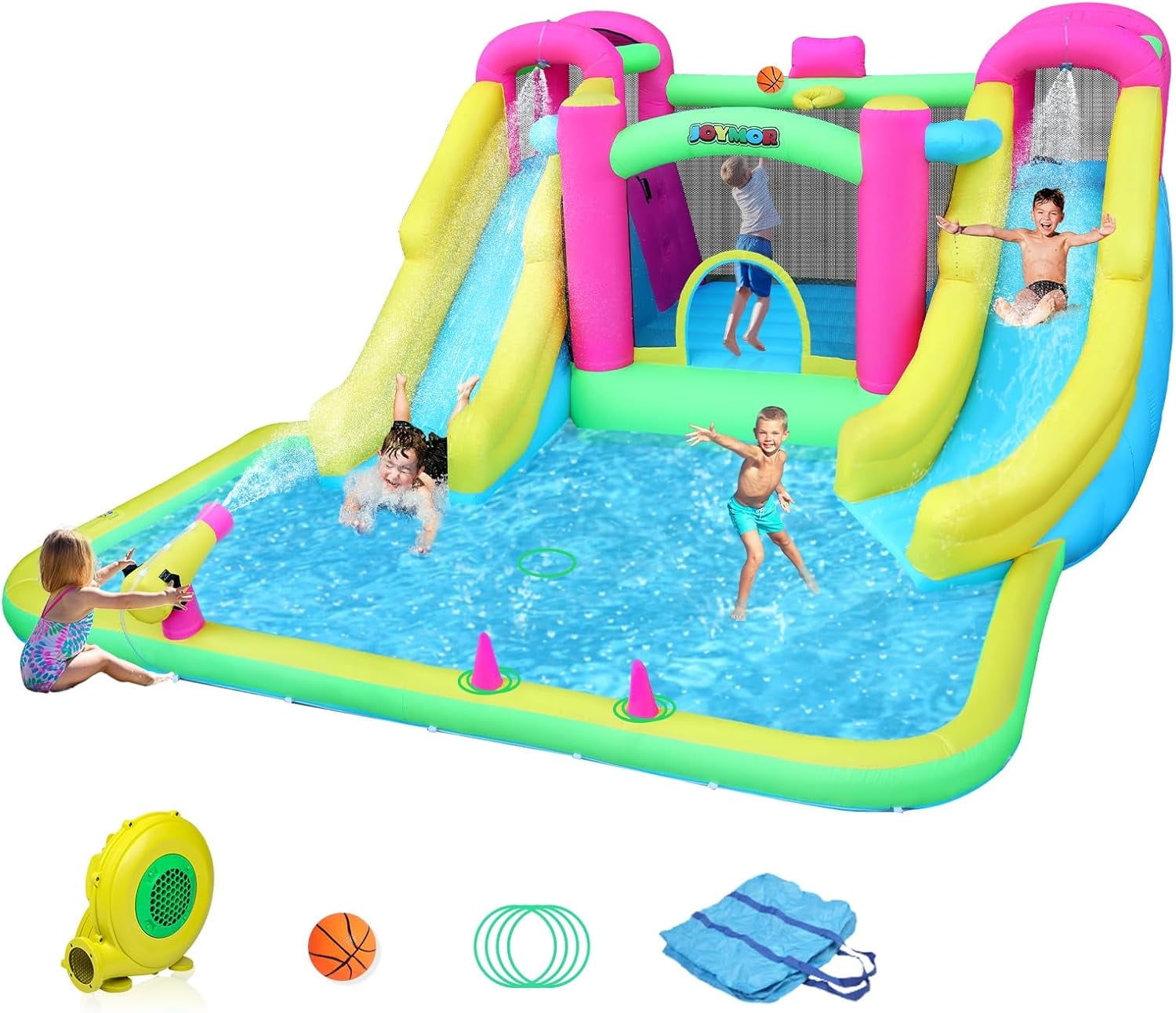 JOYMOR 8-in-1 Inflatable Water Slide Bounce House for Kids Backyard w/2 Slides, 2 Climbing Wall, Ring-Toss, Large Pool, 1min Blow Up Water Slide Includes 750w Air Blower, Storage Bag