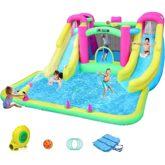JOYMOR 8-in-1 Inflatable Water Slide Bounce House for Kids Backyard w/2 Slides, 2 Climbing Wall, Ring-Toss, Large Pool, 1min Blow Up Water Slide Includes 750w Air Blower, Storage Bag