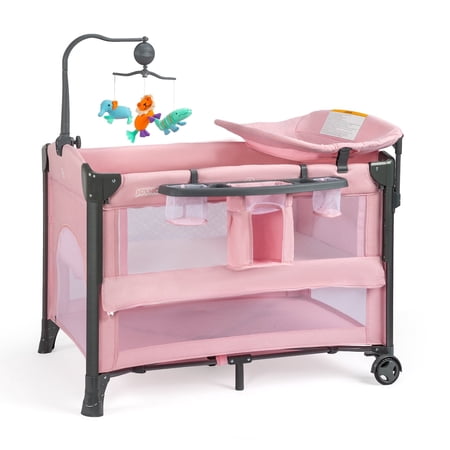 JOYMOR Bedside Bassinet with Changing Table, Pink Bedside Sleeper, for Girl Infant