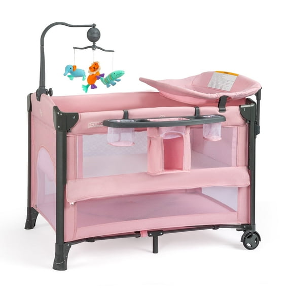 JOYMOR Bedside Bassinet with Changing Table, Pink Bedside Sleeper, for Girl Infant