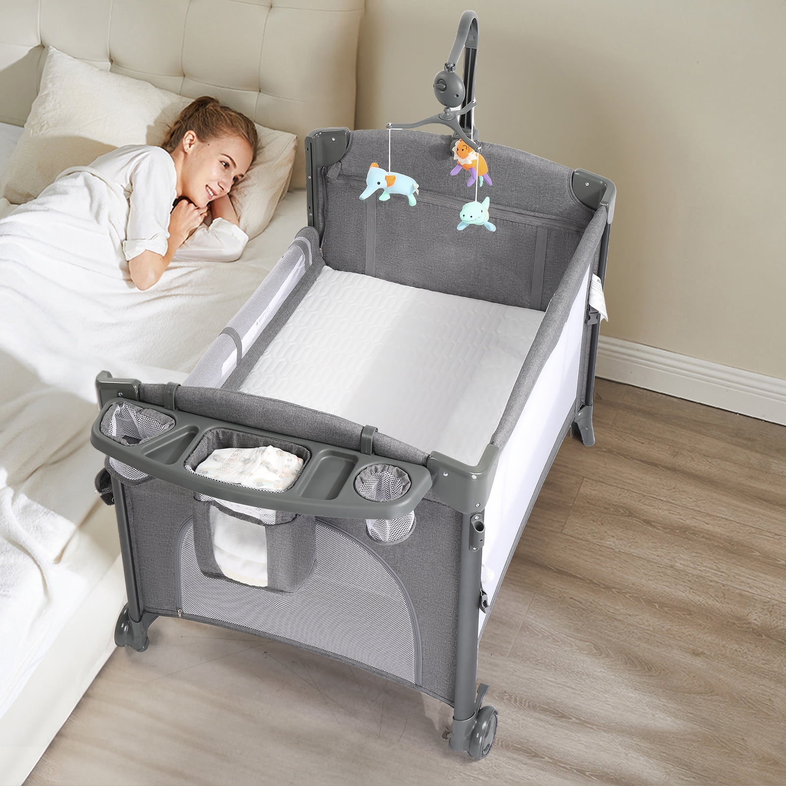 JOYMOR Bedside Sleeper with Changing Table, Convert to Bedside Crib