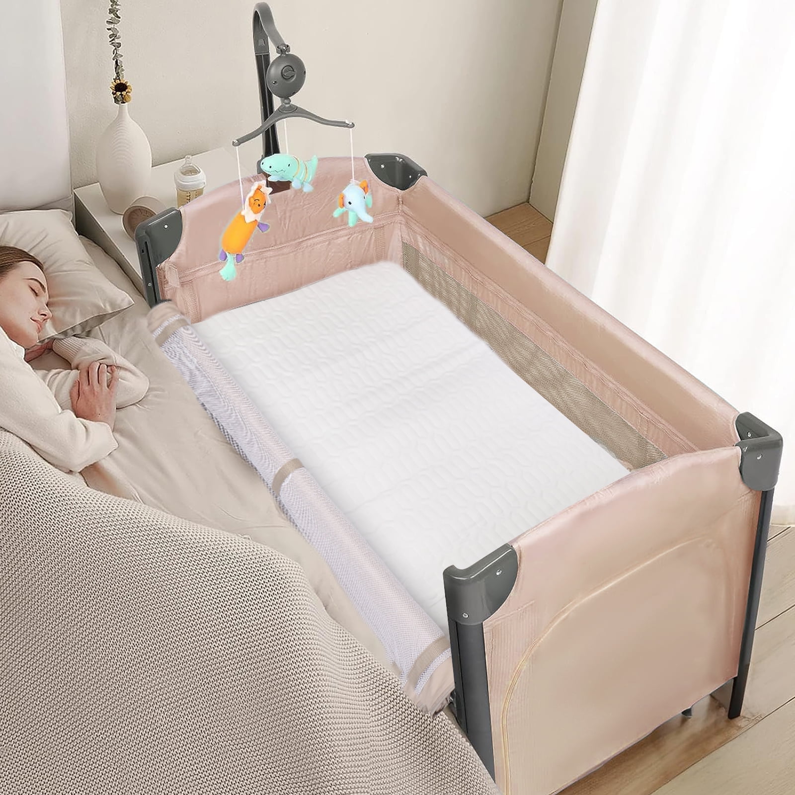 JOYMOR Beige Bedside Bassinet Co-Sleeper, Baby Bassinet Travel Crib for Boys Girls, Infant