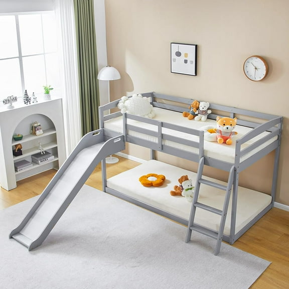 JOYMOR Bunk Bed with Curved Slide, Low Bunk Bed Twin Over Twin, Angled Ladder, 14" Safety Guardrail