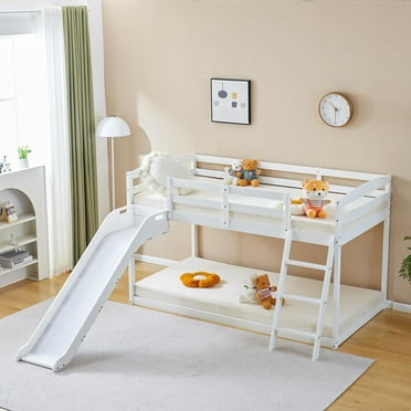 JOYMOR Bunk Bed with Curved Slide, Low Bunk Bed Twin Over Twin, Angled Ladder, 14" Safety Guardrail