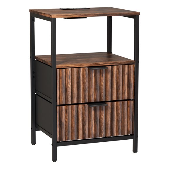 JOYMOR Fluted Nightstand, Fabric Dresser with 2 Drawers and 1 Shelf, Bedside Table, End Table with Charging Station, Nightstand for Indoors