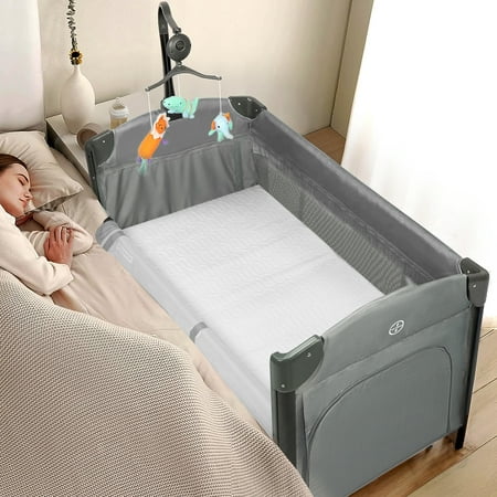 JOYMOR Folding Bedside Bassinet Co-Sleeper, Baby Bassinet with Toy Wheels for Unisex Infant