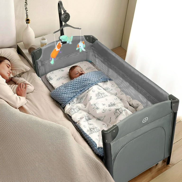 JOYMOR Folding Bassinet Co-Sleeper, Baby Shower Gift Travel Crib with Toy & & Brake & Carry Bag, Gray - Walmart.com