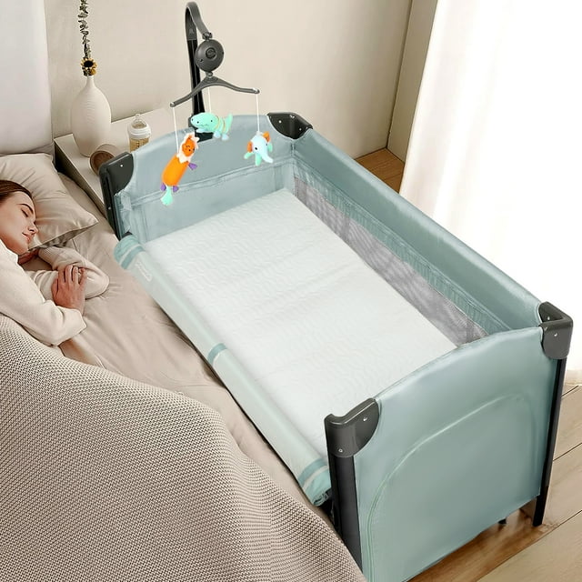 JOYMOR Folding Bedside Sleeper Baby Portable Crib with Wheel