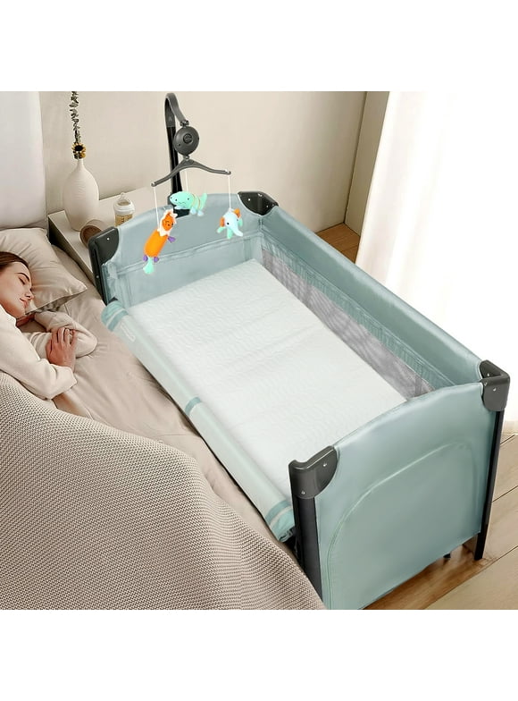 JOYMOR Folding Bedside Sleeper Baby Bassinets, Portable Crib with Wheel for Shower Gift, for Age 0-24 Months, Light Green