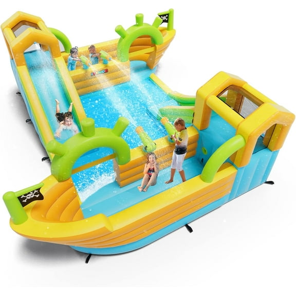 JOYMOR Inflatable Bounce House with 2 Pirate-Boat Water Slide Bounce House4 Water Cannons, Air Blower, Up to 6 Kids