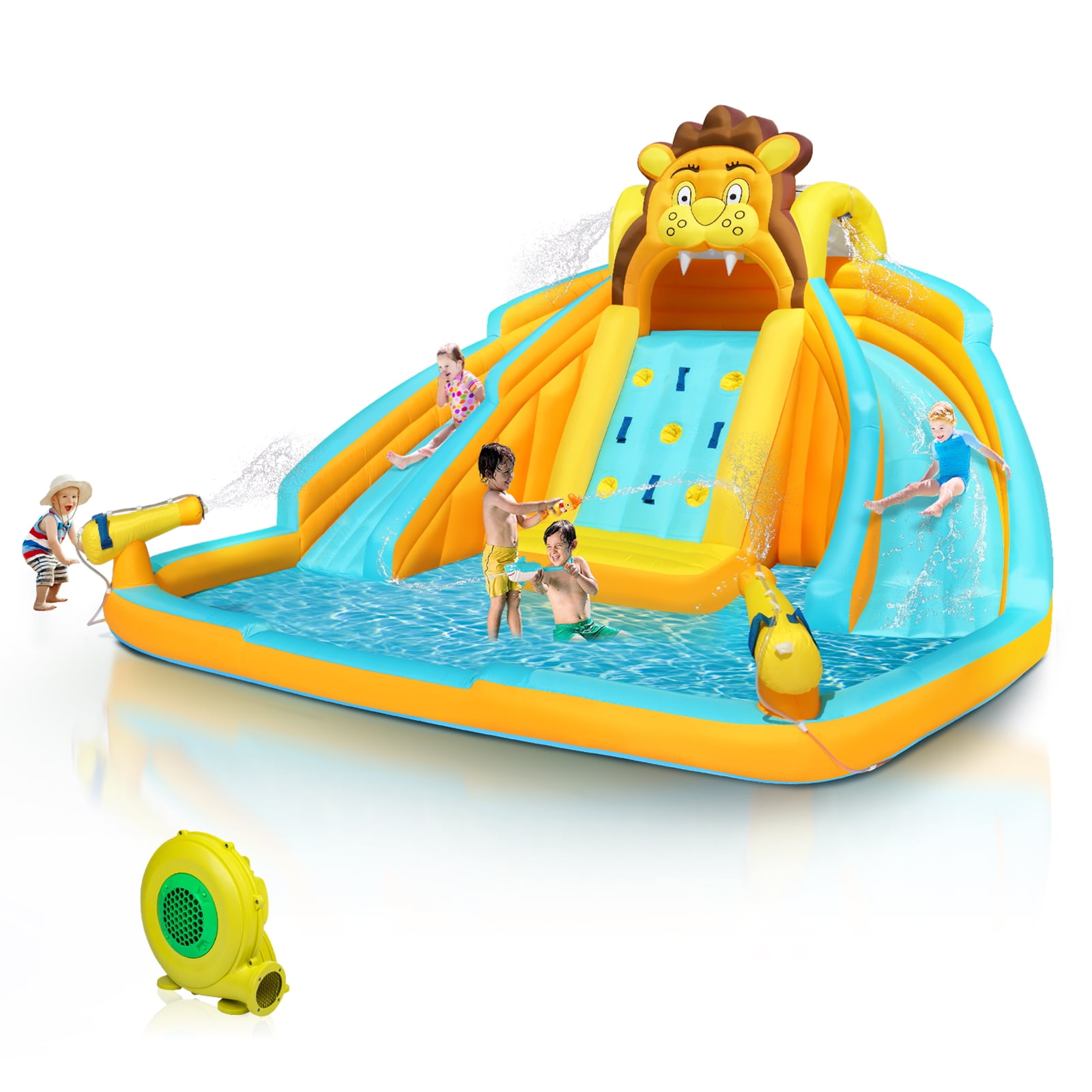 JOYMOR Inflatable Water Park Double Slide, Lion Themed Long Kids Water Slide Bounce House Blow
